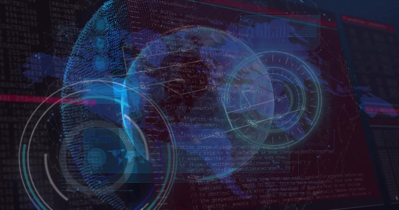 Animation of data processing with scope scanning over world map and globe