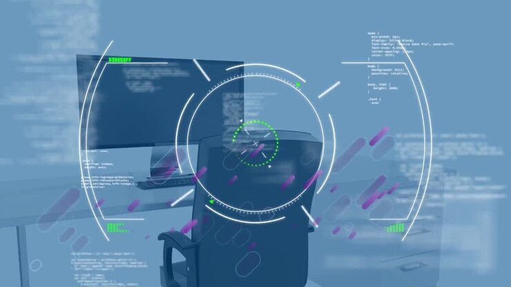 Animasjon av skanning og databehandling over et tomt kontor