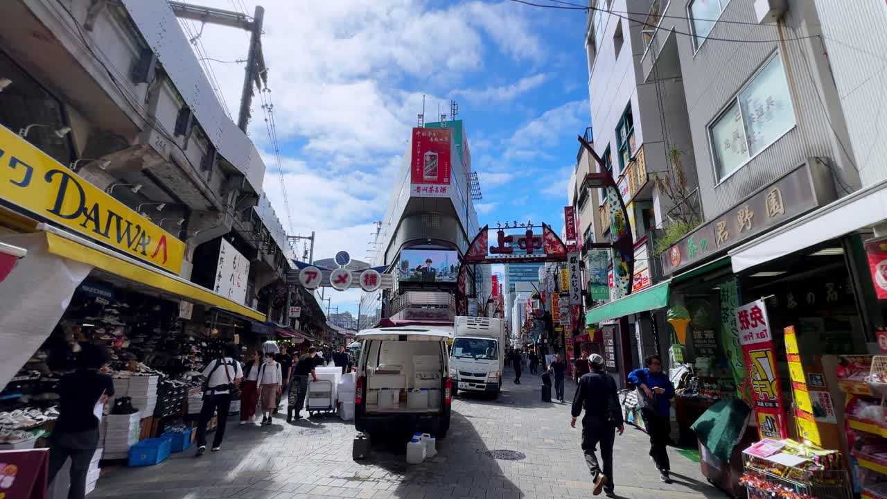 Bustling street market in Tokyo with colorful signs and shops under a bright blue sky