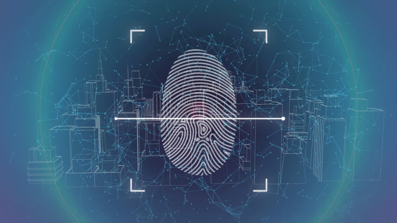 animación del procesamiento de datos sobre huellas dactilares biométricas y paisaje urbano.