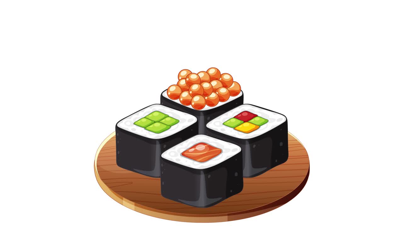 Sushi rolls and roe gradually appear on a wooden platter against a white background, showcasing a smooth, seamless animation style
