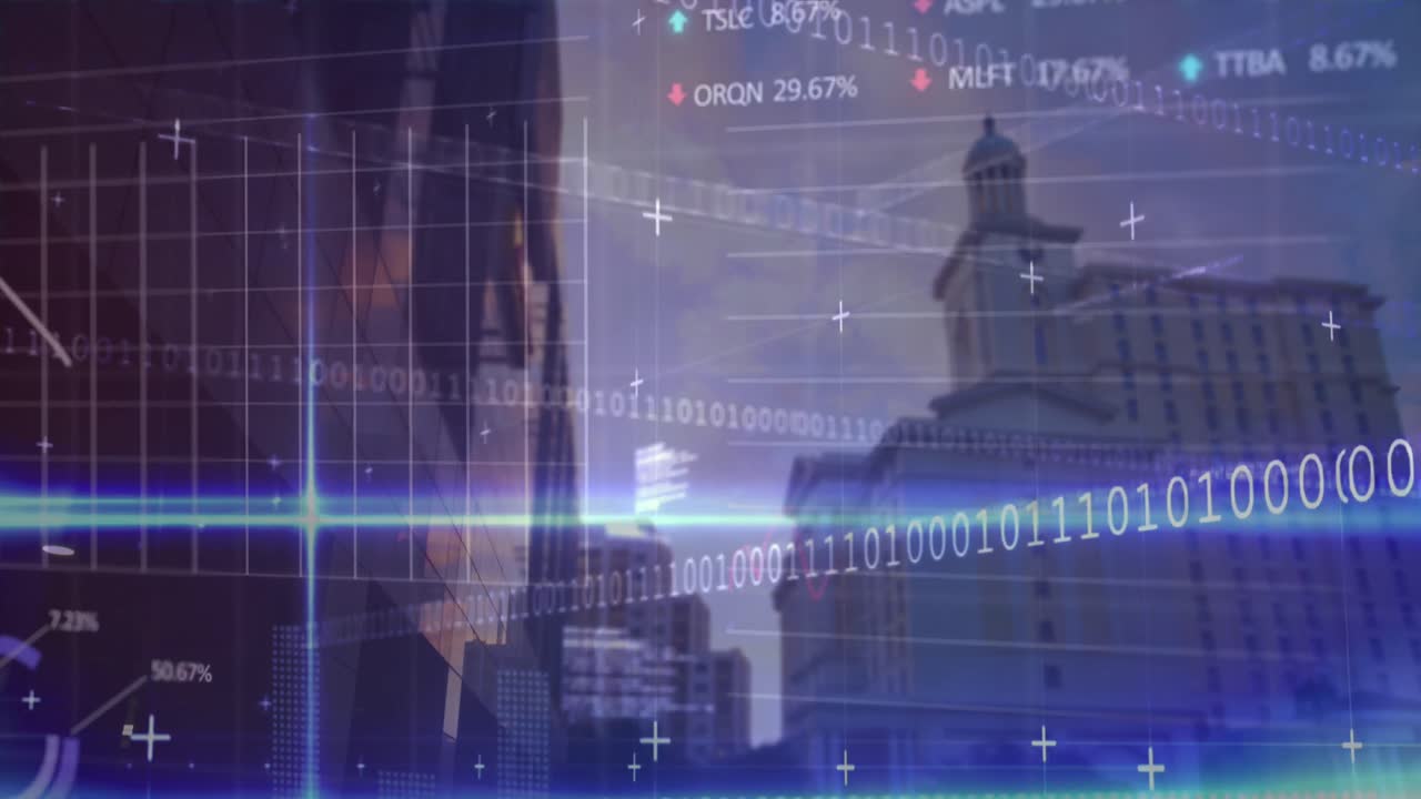 animación de datos financieros, código binario y gráficos sobre edificios de la ciudad