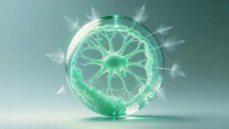 abstract organic green form encased in a transparent sphere with floating feathers