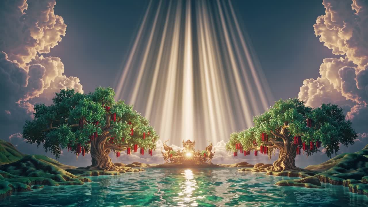Golden throne with two elephant heads rests on water surface between two large trees with red ribbons, sunbeams shining through clouds in fantasy landscape