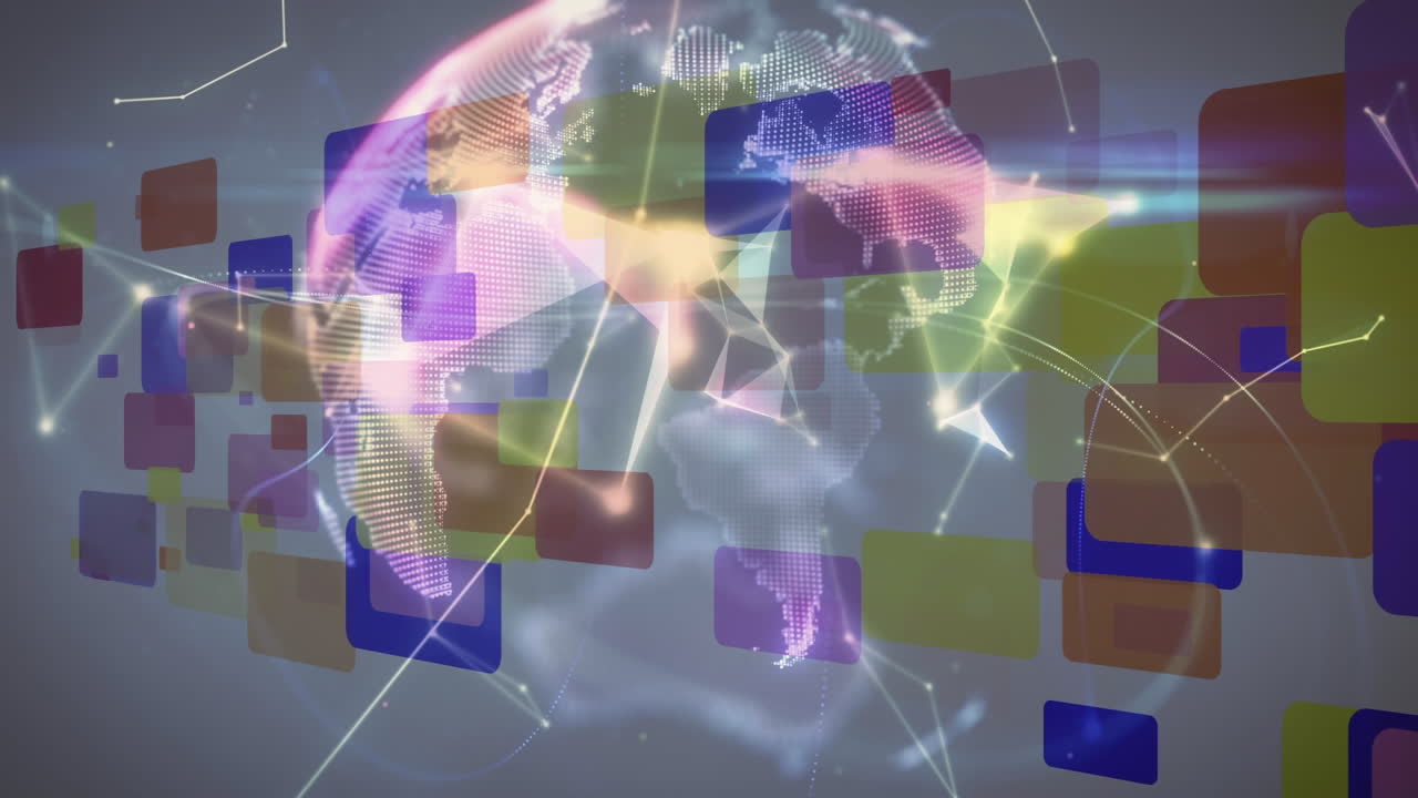 다채로운 직사각형으로  ⁇  배경 위에 모양과 회전하는 지구의 애니메이션