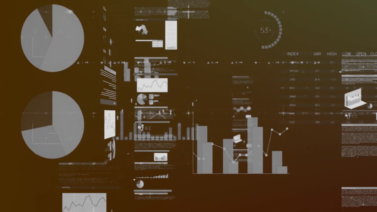 animación de múltiples gráficos, números cambiantes y círculos de carga en lenguaje de computadora