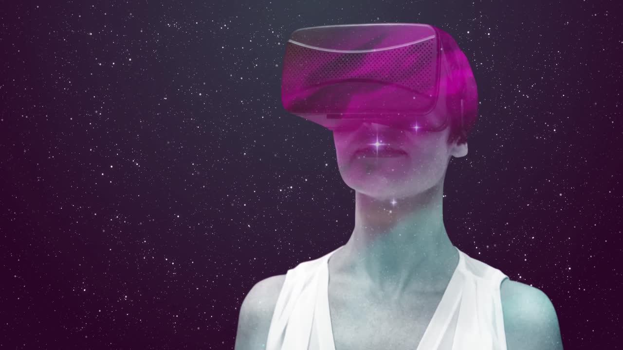 배경에 빛나는 별에 대해 vr 헤드 ⁇ 을 사용하는 여성 위의 공간