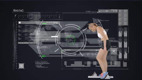 animation of scopes scanning and data processing with female athlete in starting blocks