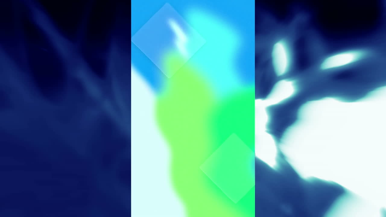 animación de formas verdes y azules en pantalla vertical, sobre un fondo gris oscuro ondulado