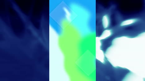 animation of green and blue forms on vertical screen, over undulating dark grey background