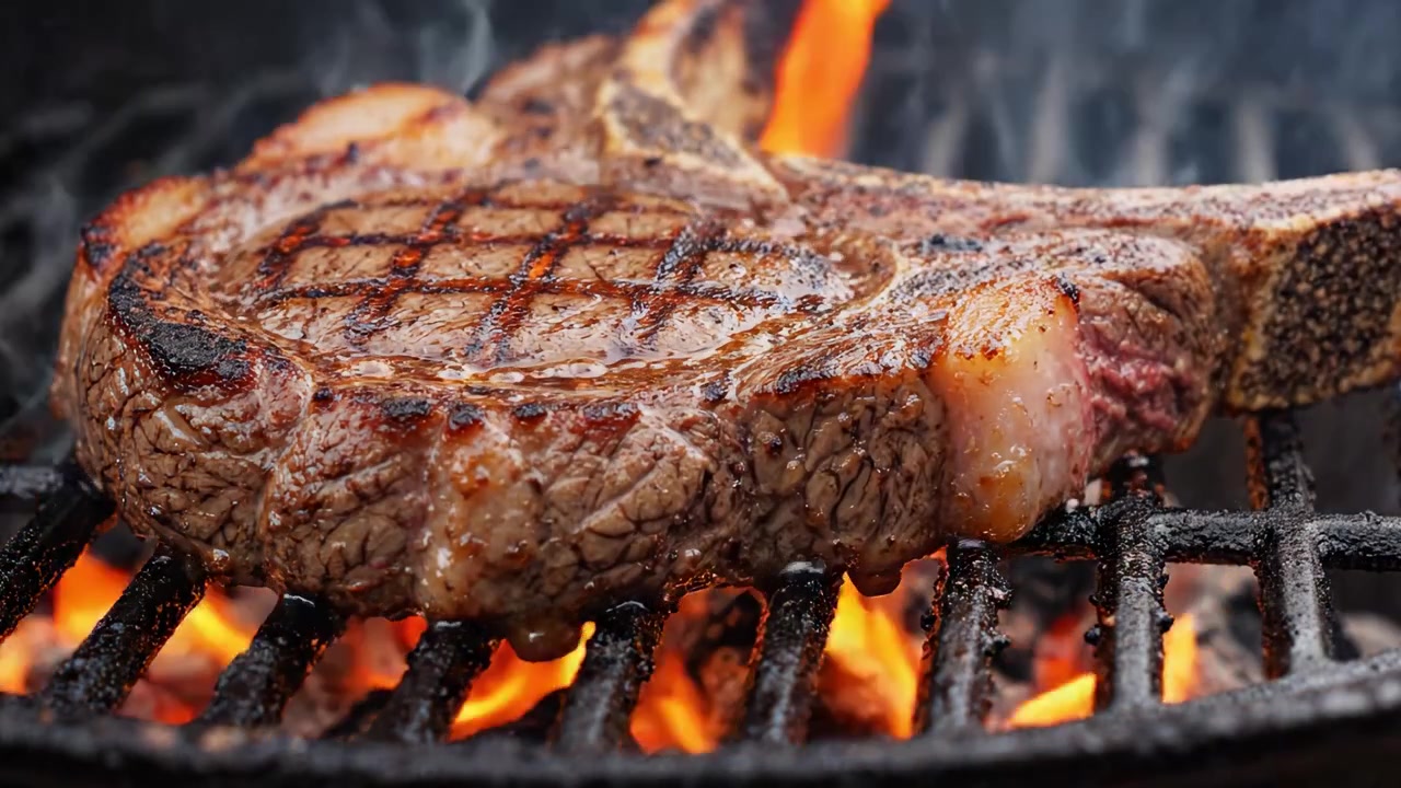 Brutzelndes und saftiges gegrilltes Steak: Eine Nahaufnahme von perfekt gegrilltem Fleisch, über offener Flamme zubereitet, die die Essenz kulinarischer Exzellenz und Grillkunst einfängt