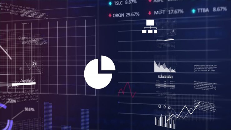 Animation of stock market and statistical data processing against blue background