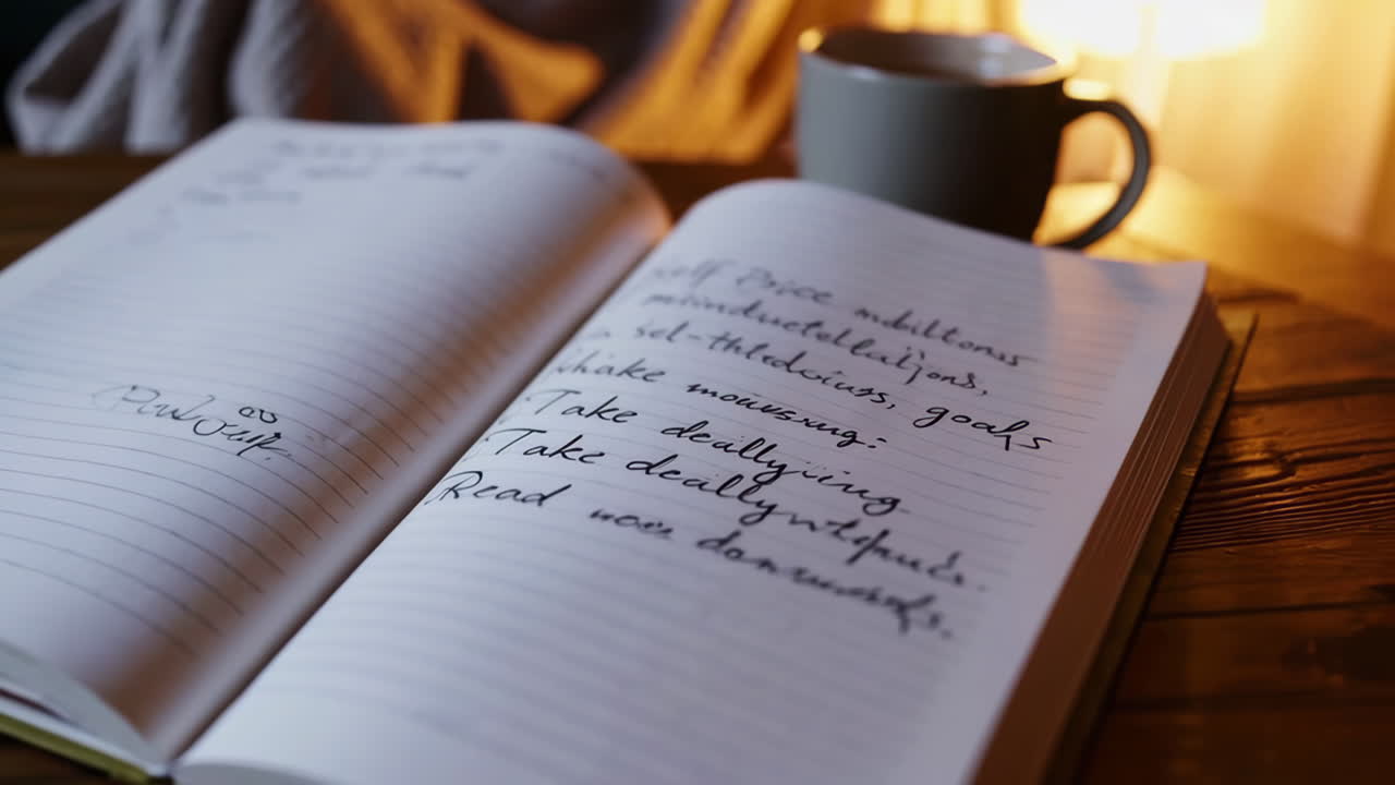 Person writing in a journal with a pen and a cup of tea on a cozy desk
