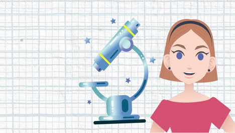 animación de una mujer hablando sobre el icono del microscopio
