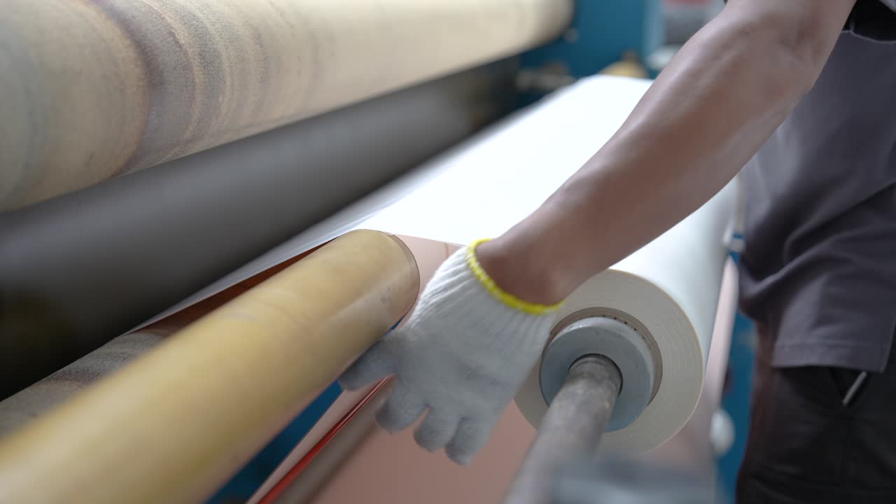 A close-up view of a worker’s hands in the textile lamination process, where they apply layers to enhance thermal insulation, water resistance, and durability in fabric