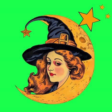 Vintage witch moon illustration animation, transparent 4K video, green screen