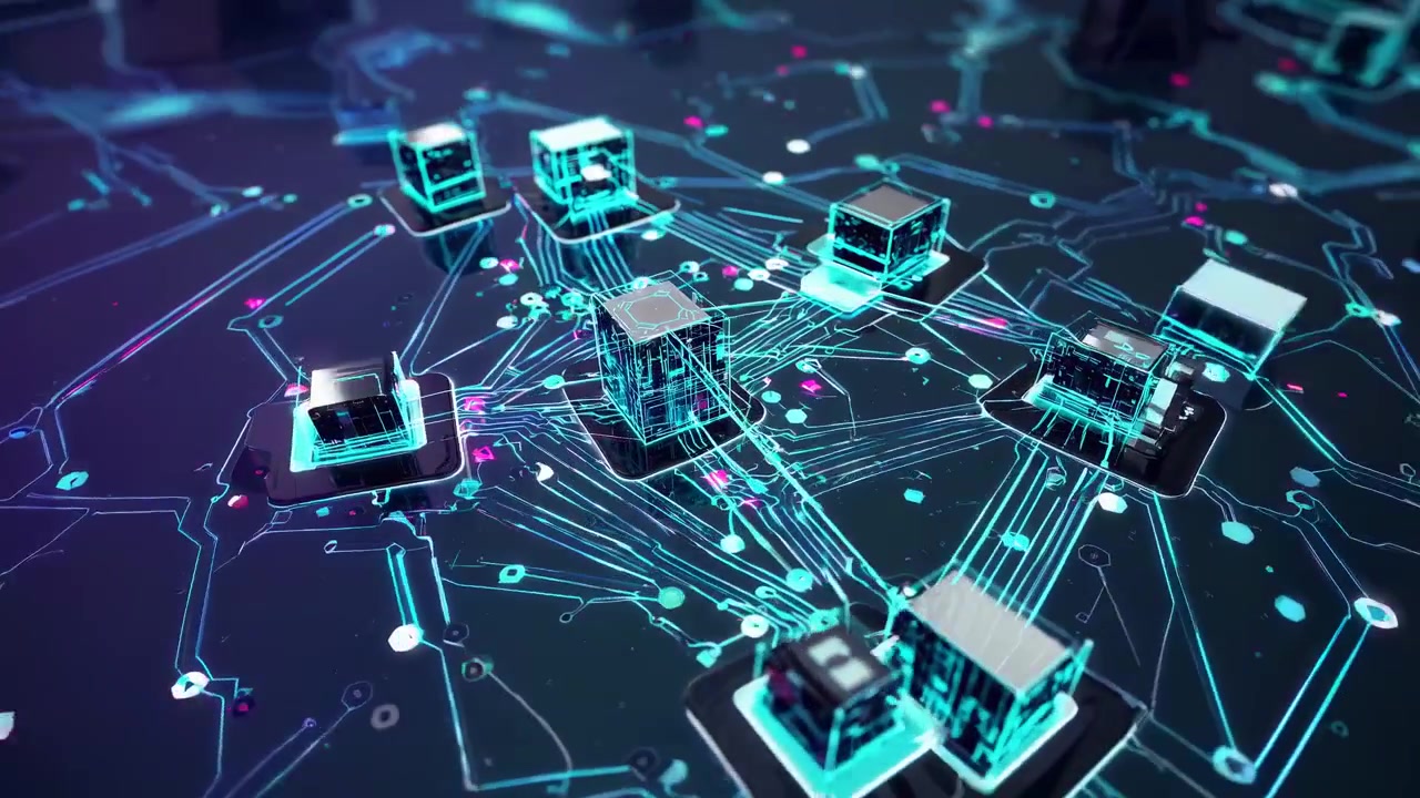 Digital Network Nodes Connected on Futuristic Circuit Board