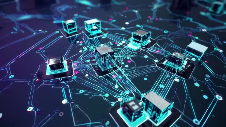 Digital Network Nodes Connected on Futuristic Circuit Board