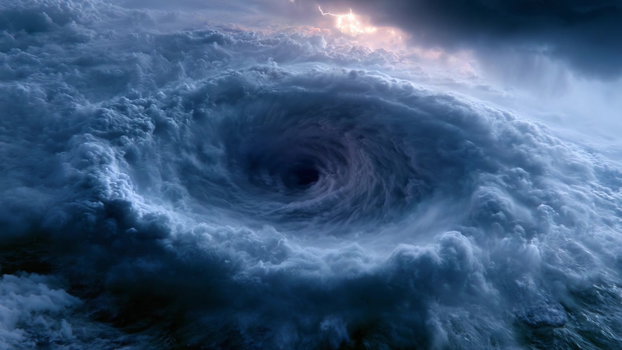 En fængslende udsigt over en kraftig hvirvelvind, der dannes midt i mørke skyer, hvilket skaber et fascinerende naturfænomen på himlen over det turbulente havvand.