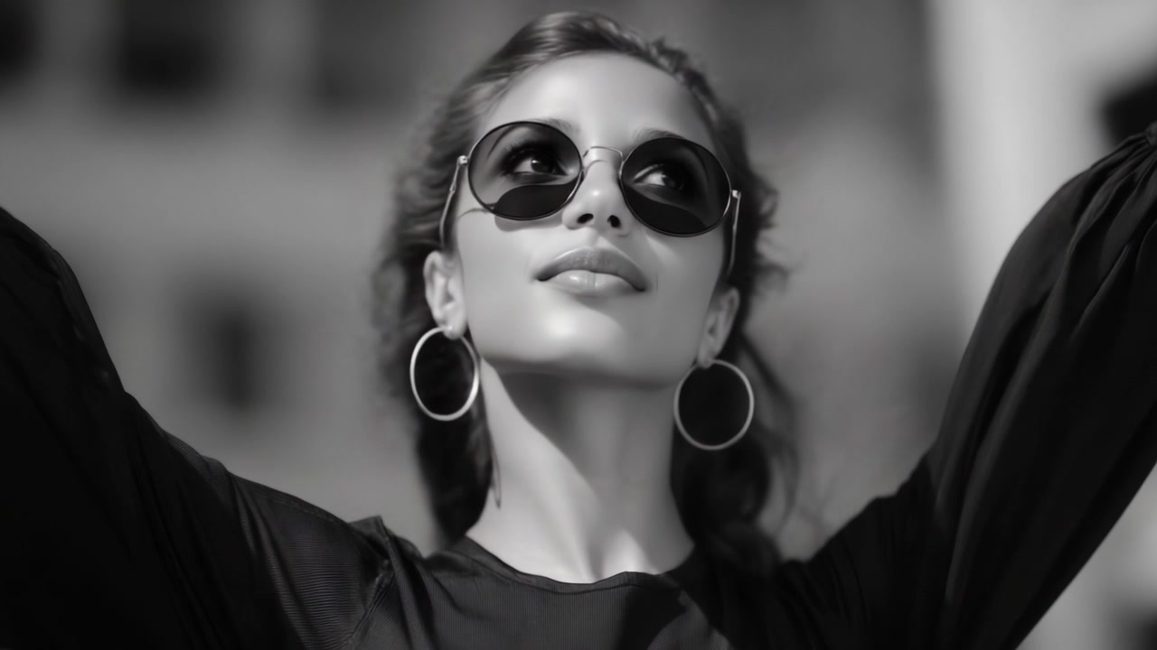 Stylish woman with sunglasses embraces a carefree spirit outdoors, showcasing fashion and confidence in a captivating monochrome composition, embodying modern elegance.