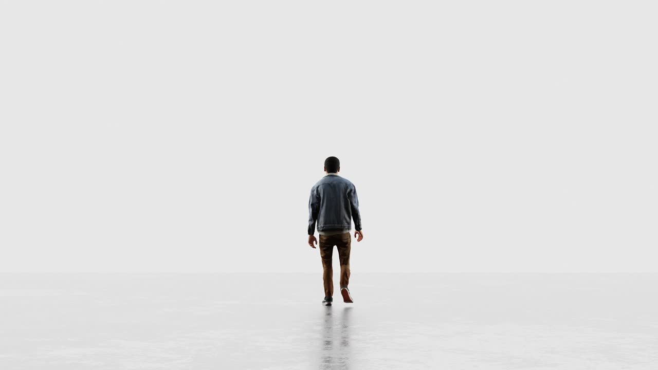 Uomo che si allontana in uno spazio bianco minimalista