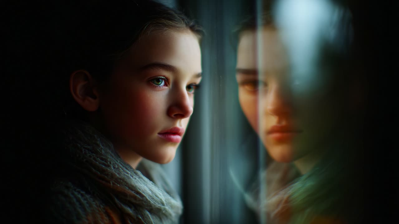 A young girl gazes thoughtfully out of a window, her expression reflective and introspective, enhanced by the soft, ethereal lighting that captures the depth of her emotions and thoughts