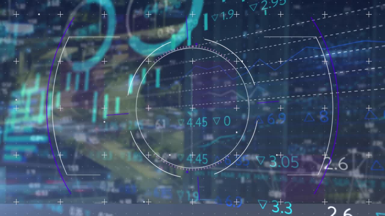 Animation of scope scanning and data processing over cityscape