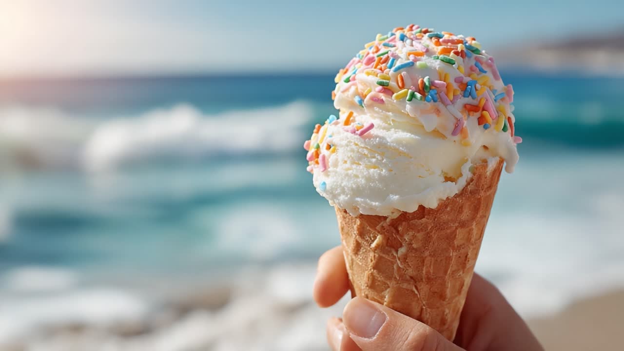 Heerlijk ijshoorntje met kleurrijke hagelslag genoten op het strand, perfect vastleggend een verfrissende zomertraktatie terwijl golven op de achtergrond breken