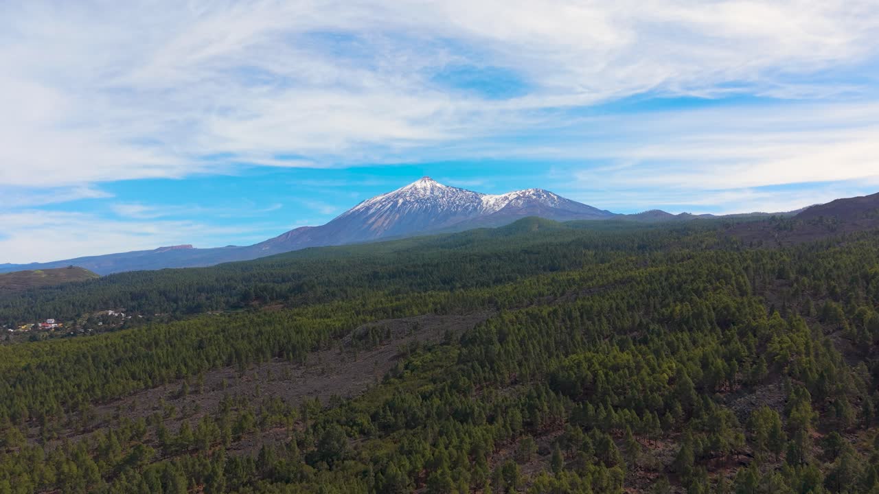 El Teide innevato con foreste di pini verdi e colate di lava, vista aerea