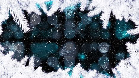 animación de nieve que cae y copos de nieve con luz azul y borde de árbol de navidad blanco.