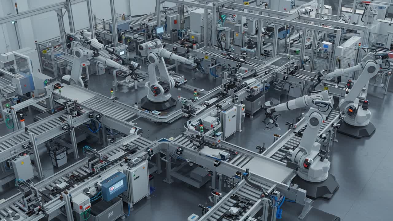 Advanced Robotic Automation in a High-Tech Manufacturing Facility with Multiple Collaborative Robots Operating in Synchronization for Efficient Production