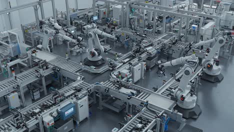 advanced robotic automation in a high-tech manufacturing facility with multiple collaborative robots operating in synchronization for efficient production