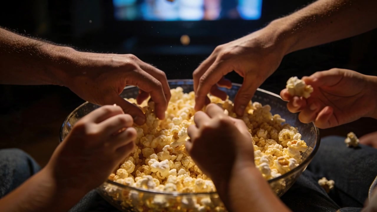 Mani con maniche corte che si allungano per prendere popcorn a casa, con lo schermo che mostra un film e una ciotola di vetro sulle ginocchia.
