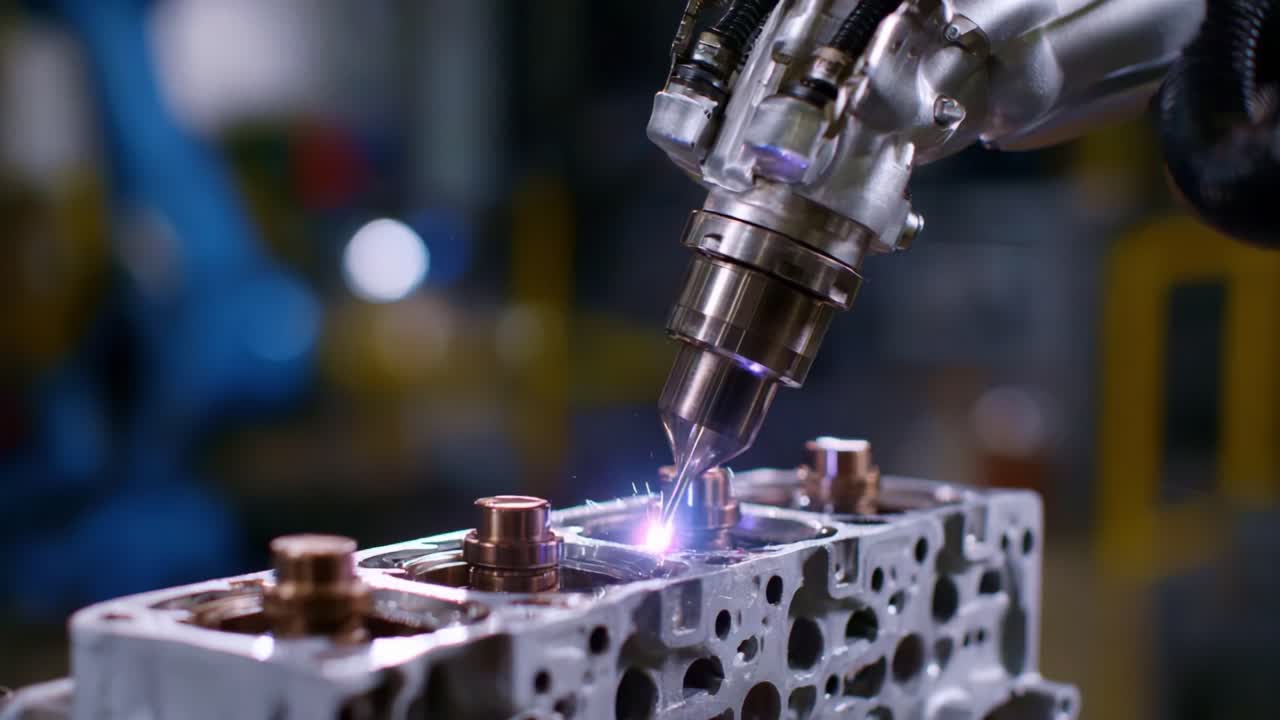 Advanced Robotic Arm Performing Precision Welding on Engine Components with High-Quality Arc and Spark in Industrial Manufacturing Environment