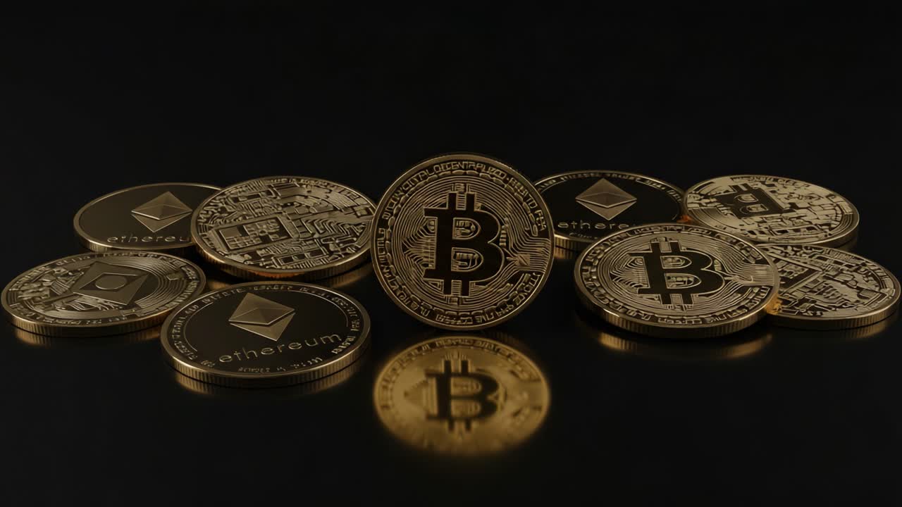 A Stunning Display of Cryptocurrency Coins Featuring Bitcoin and Ethereum, Showcasing the Growing Popularity and Variety in the Digital Currency Market