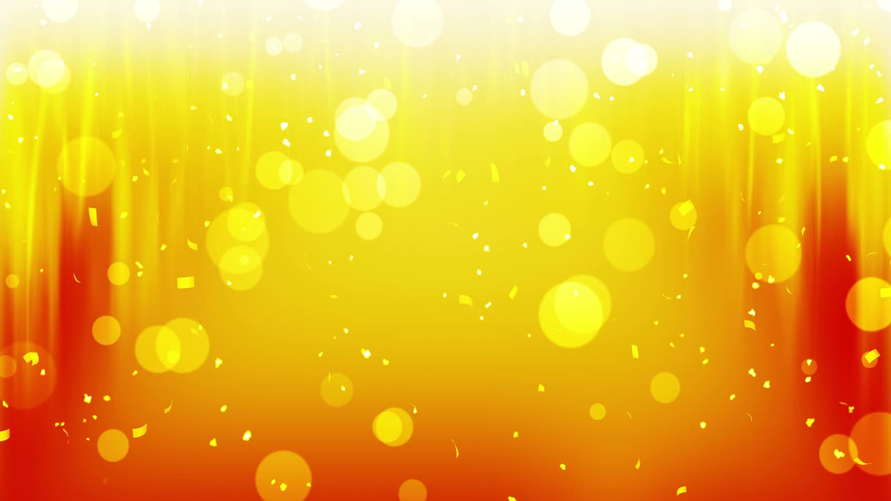 Falling shiny golden confetti. Bright festive tinsel of gold color. Bokeh lights on color background. Shining waves design. Loop animation. Copy space for text.