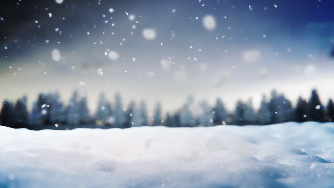 舞い落ちる雪の結晶とぼやけた冬の森を背景にした雪のクローズアップ