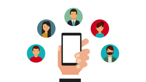 tecnología de medios sociales con la mano usando teléfono inteligente y comunidad