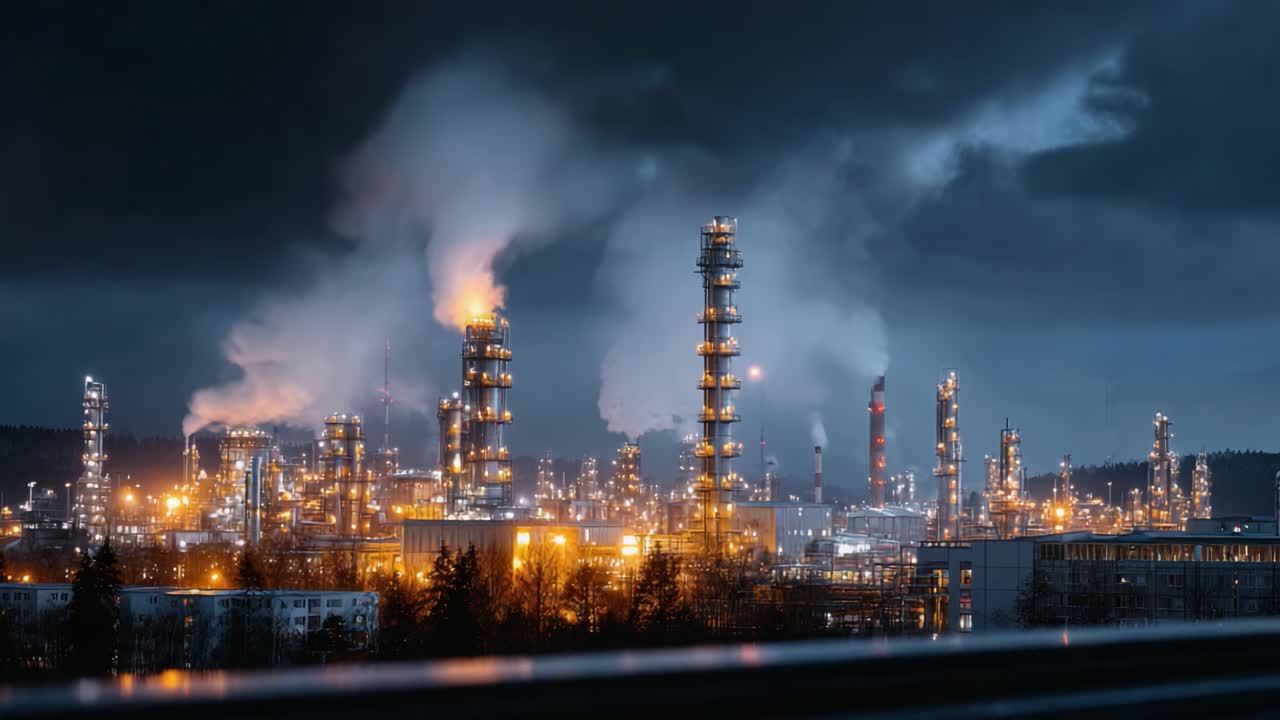 Nighttime Industrial Landscape Showcasing a Complex Network of Refineries with Glowing Lights and Emissions in the Smoky Sky Above, Captured in Two Framed Views