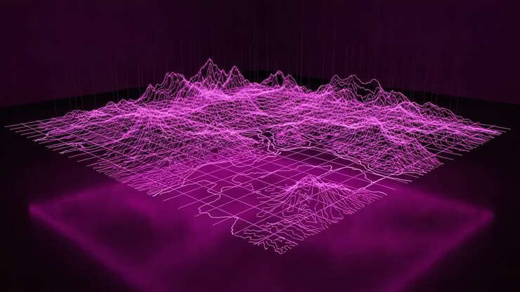 A Stunning Visualization of Abstract Topography in Vibrant Magenta: Exploring the Complexities of 3D Terrain Representation in a Digital Space