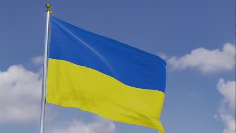 Flag-Of-Ukraine-Moving-In-The-Wind-With-A-Clear-Blue-Sky-In-The-Background,-Clouds-Slowly-Moving,-Flagpole,-Slow-Motion