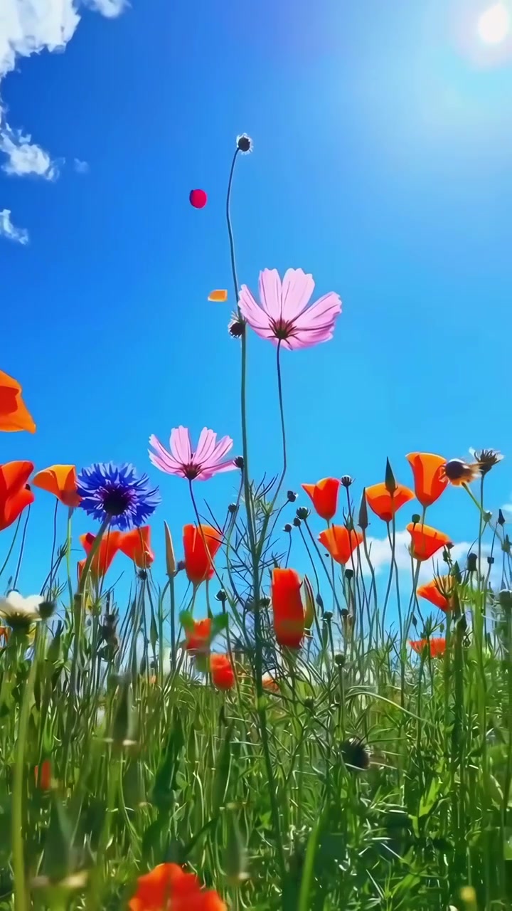 Fiori di campo vivaci in un prato soleggiato con petali che fluttuano nel cielo blu