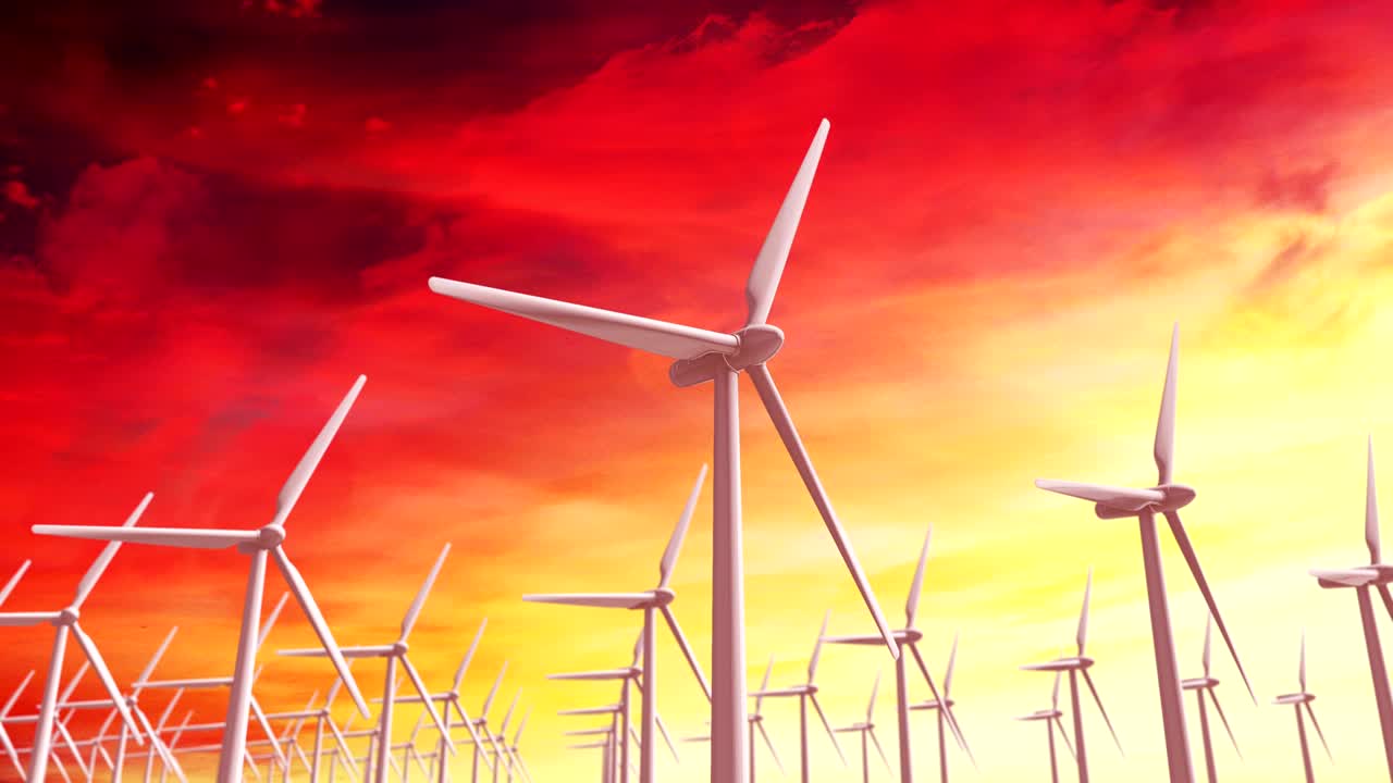 알파 채널과 함께 저녁 하늘을 반대하는 풍력 터빈을 작동 할 수 있습니다. loopable 디지털 3d 애니메이션.