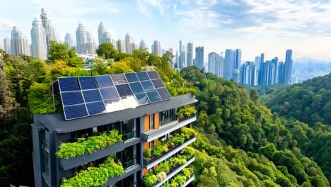 a tall building with solar panels on the roof of it