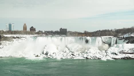 wide static view of niagara falls, icy cliffs and snow in winter