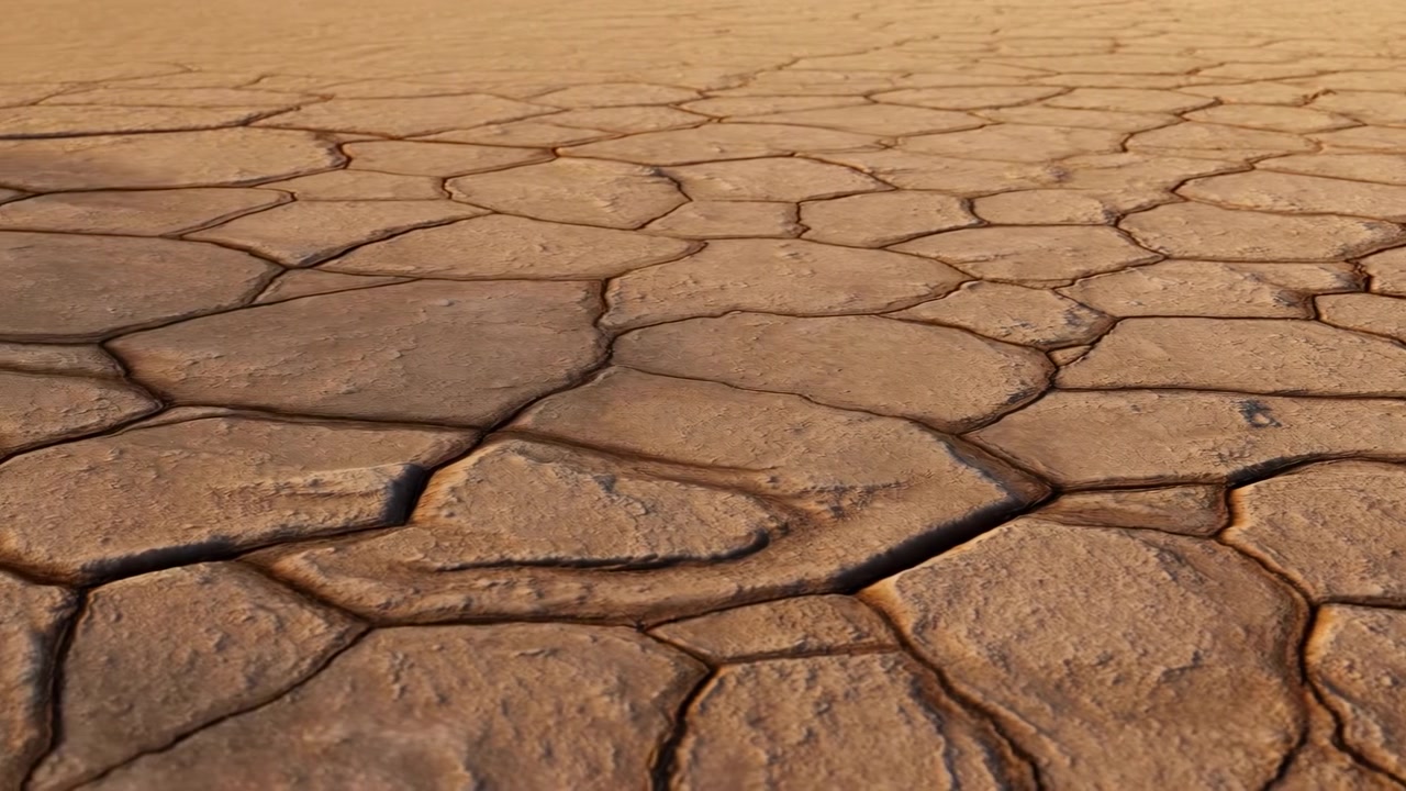 Una vista dall'alto di terreno desertico crepato in un paesaggio secco e arido, catturata nella fotografia di ambienti naturali. La scena presenta toni marroni, color cuoio, beige e arancioni con terra e sabbia.