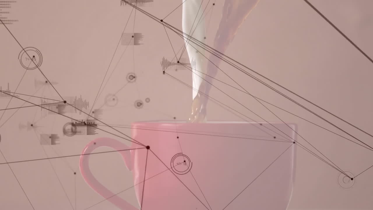 Pink ceramic coffee cup filling with creamy liquid, overlay nodes linking waveform charts animating