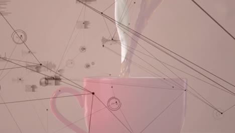 Pink ceramic coffee cup filling with creamy liquid, overlay nodes linking waveform charts animating