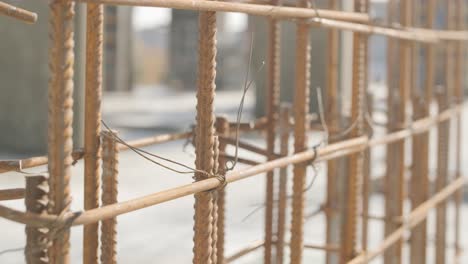 steel frames of a building under construction, with tower crane on top