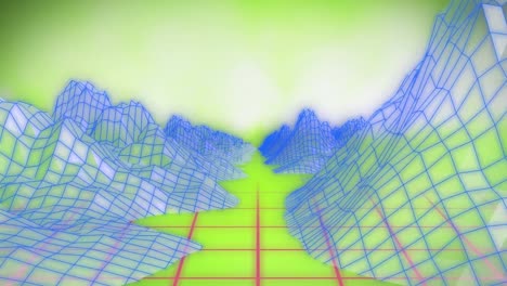 animación digital de estructuras de montaña en 3d sobre una red de cuadrícula contra un fondo verde